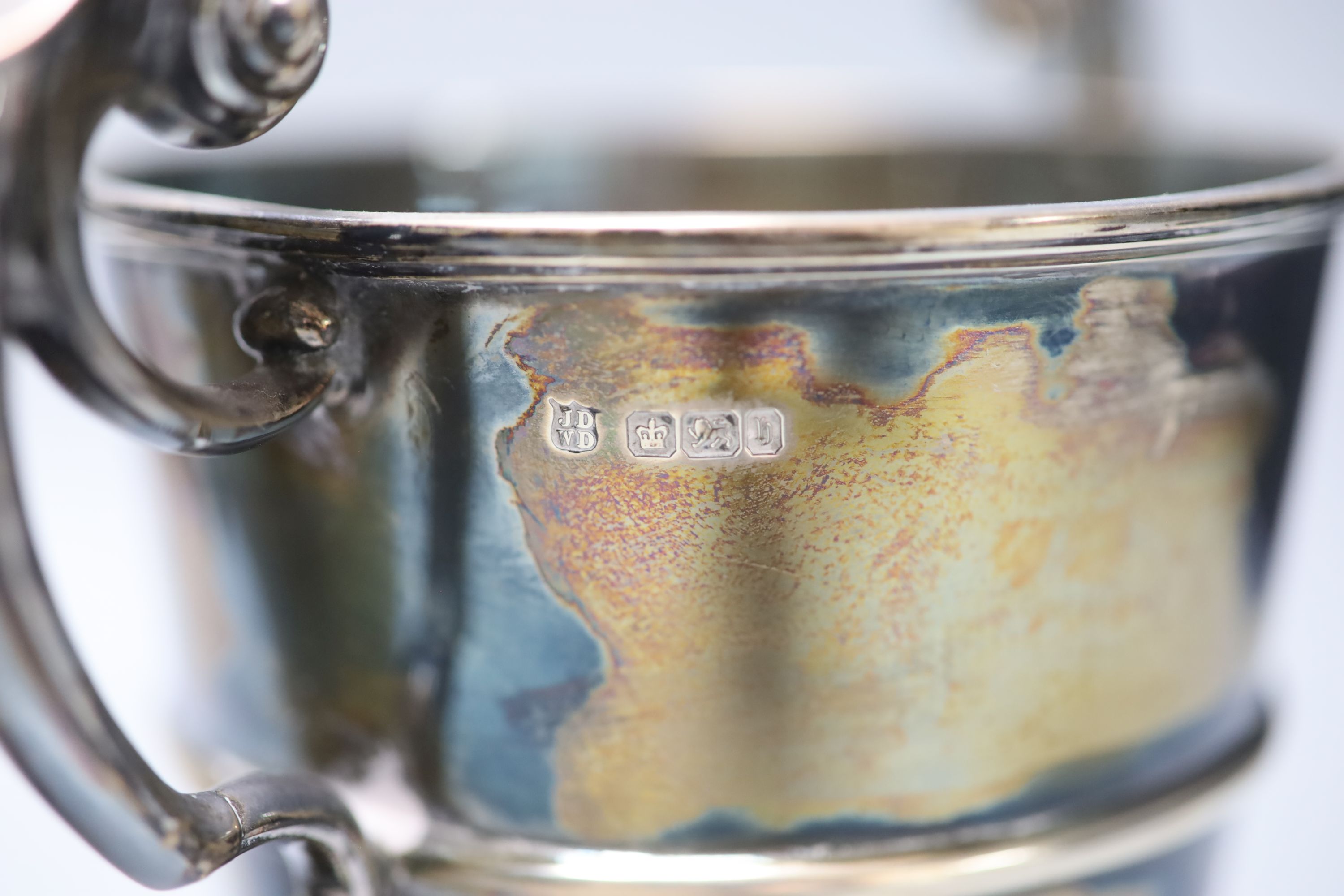 A pair of late Victorian silver two handled pedestal trophy cups, James Deakin & Sons, Sheffield 1900, 16cm, 28oz.